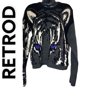 Retrod Grey With Tiger Print Logo Long Sleeve Knitted Sweater Size M